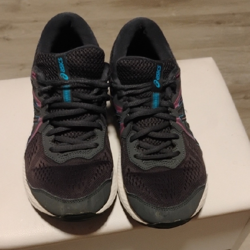 Asics Women's Black Gray Purple Athletic Shoes with Blue Accents - Picture 3 of 7